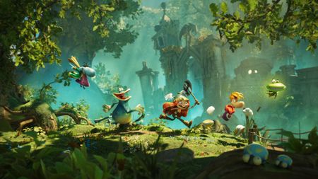 Rayman, Globox, Barbara, and Grand Minimus run through Rayman Legends Retold's opening forest level
