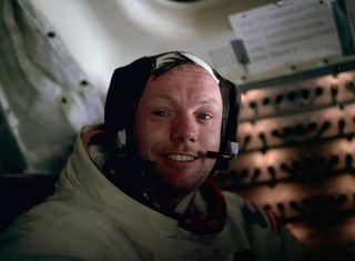 Neil Armstrong photographed by Buzz Aldrin on Apollo 11.