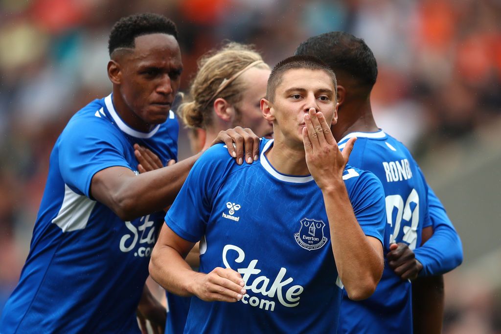 Everton 2022/23 season preview and prediction: Vitaliy Mykolenko of Everton celebrates scoring the opening goal during the Pre-Season Friendly match between Blackpool and Everton at Bloomfield Road on July 24, 2022 in Blackpool, England.