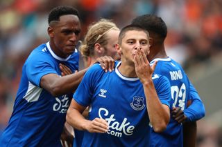 Everton 2022/23 season preview and prediction: Vitaliy Mykolenko of Everton celebrates scoring the opening goal during the Pre-Season Friendly match between Blackpool and Everton at Bloomfield Road on July 24, 2022 in Blackpool, England.