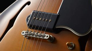 Best P-90 pickups: Close up of P-90 Dog Ear pickup on a Gibson 1959 ES-330