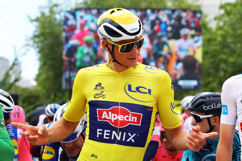 Mathieu van der Poel in the leader&#039;s jersey at the 2021 Tour de France