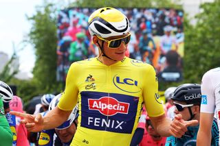 Mathieu van der Poel in the leader's jersey at the 2021 Tour de France