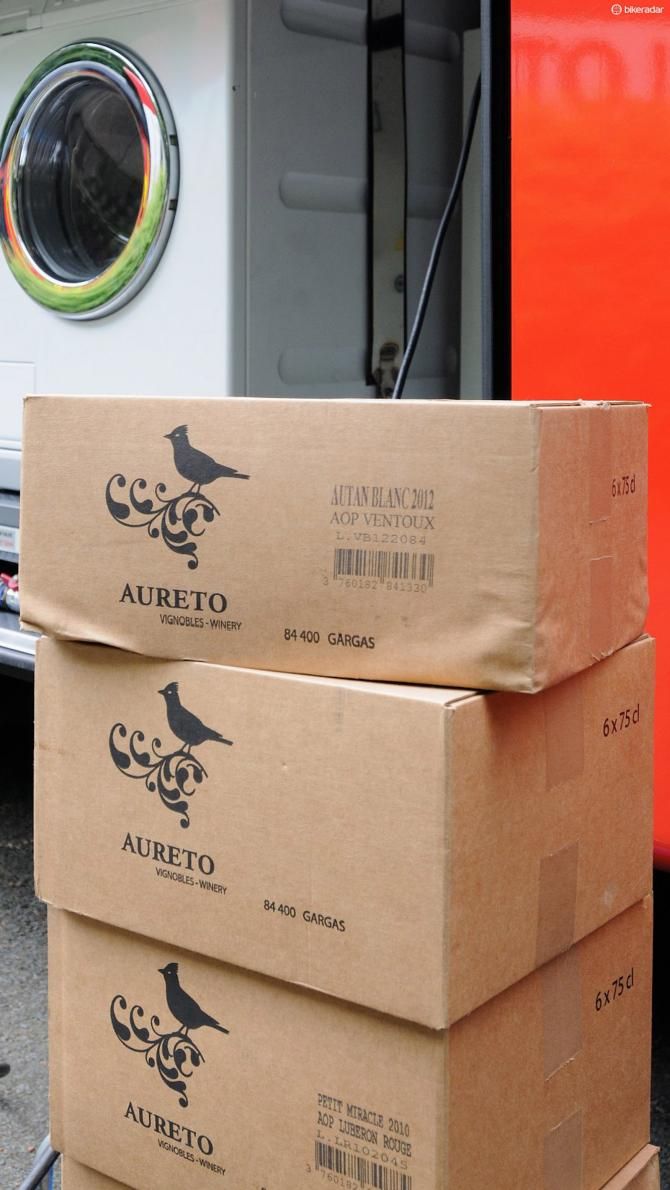 Cases of wine from Andy Rihs' Provence vineyard to restock the wine fridge ready for special occasions