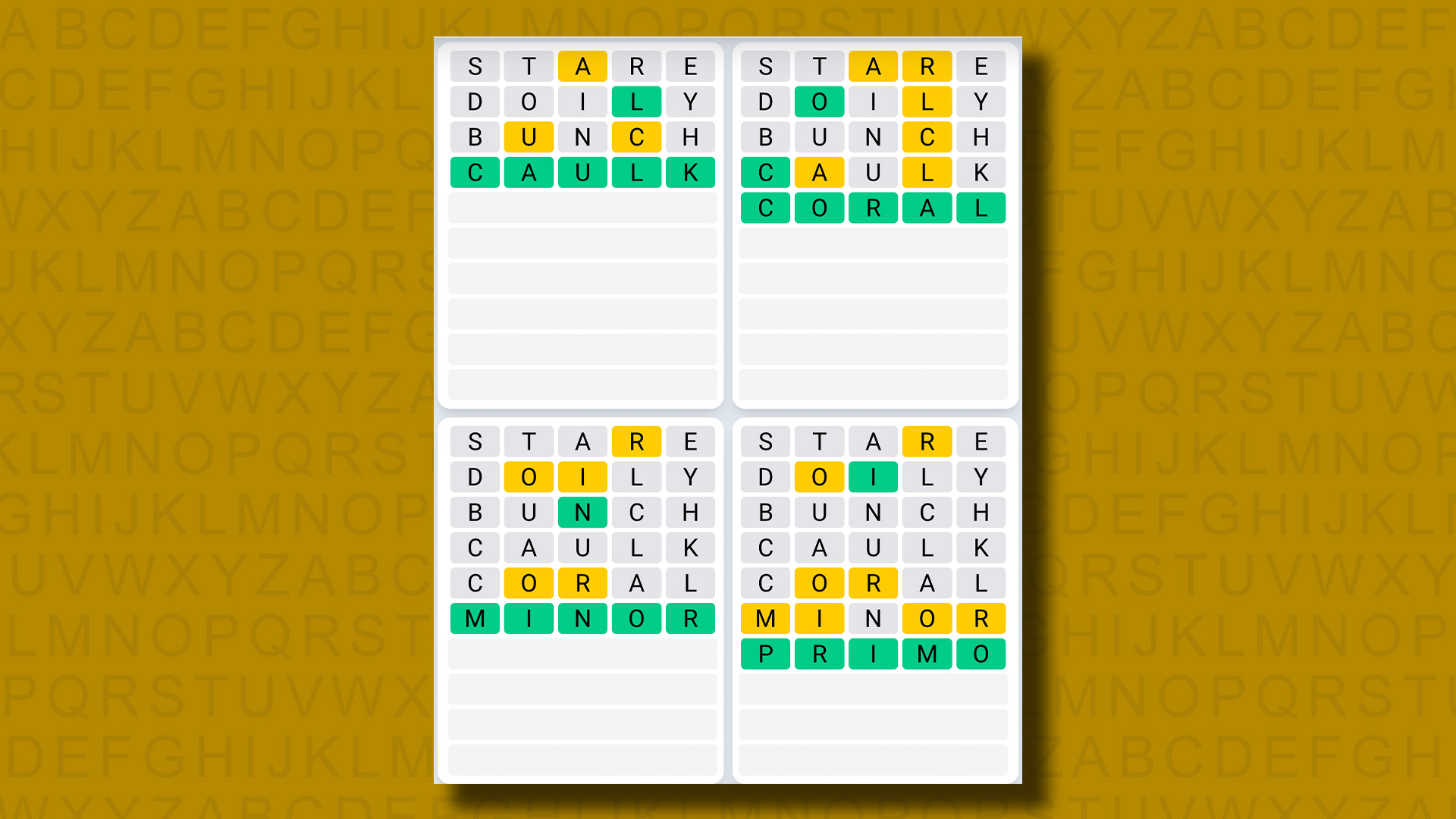 Quordle Daily Sequence answers for game 840 on a yellow background
