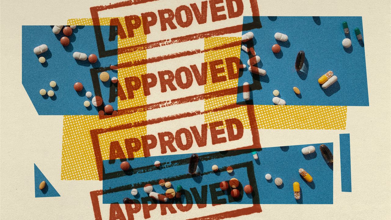 Photo collage of pills and a stamp saying &#039;approved&#039; repeated all over