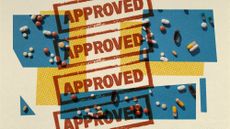 Photo collage of pills and a stamp saying 'approved' repeated all over