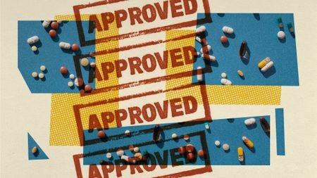 Photo collage of pills and a stamp saying 'approved' repeated all over