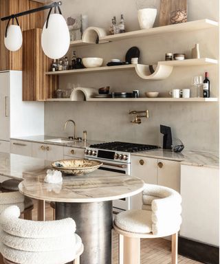 Neutral kitchen with curved open shelving