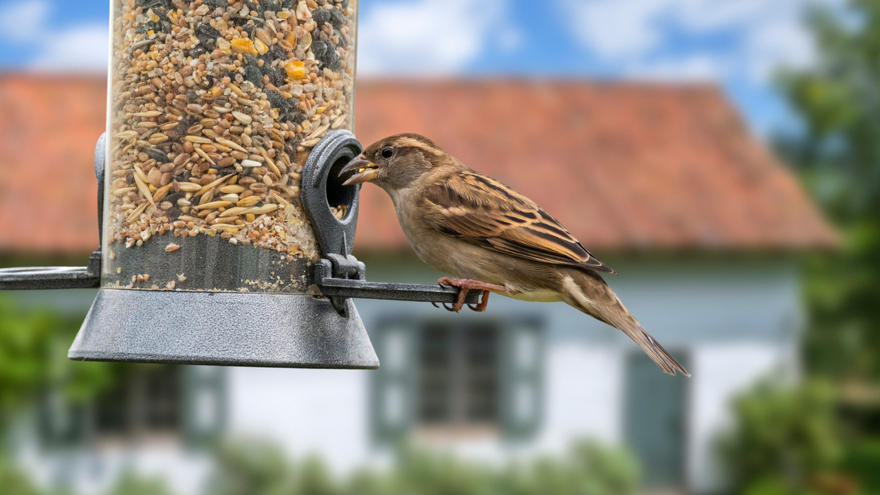 House sparrow (Passer domesticus) female eating seed mixture from bird feeder