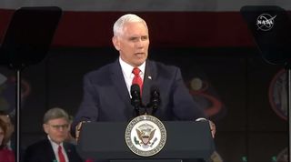 U.S. Vice President Mike Pence calls on NASA to return astronauts to the moon in five years, by 2024, during the fifth National Space Council meeting on March 26, 2019 held at the Marshall Space Flight Center in Huntsville, Alabama.