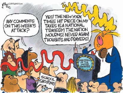 Political Cartoon U.S. Trump tax tragedy school shooting