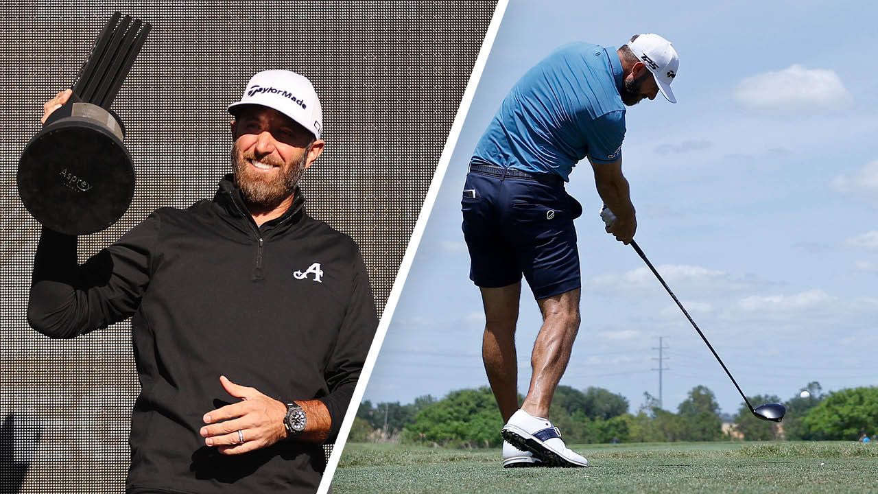 LIV Golf Las Vegas Champion Dustin Johnson with the trophy and hitting a tee shot