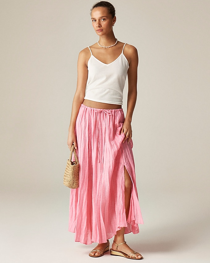 Pleated Drawstring Maxi Skirt in Linen Blend
