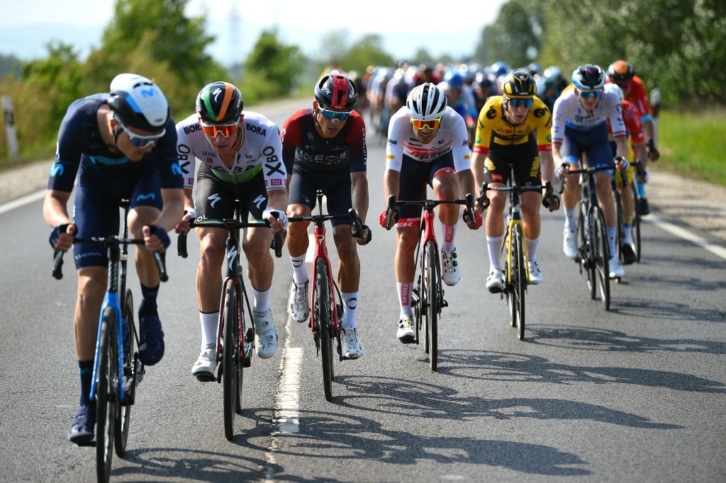 HAJDSZOBOSZL HUNGARY MAY 12 LR Andrey Amador Bikkazakova of Costa Rica and Team INEOS Grenadiers and Matteo Moschetti of Italy and Trek Segafredo C attack during the 43rd Tour de Hongrie 2022 Stage 2 a 192km stage from Karcag to Hajdszoboszl tourdehongrie on May 12 2022 in Hajdszoboszl Hungary Photo by Dario BelingheriGetty Images