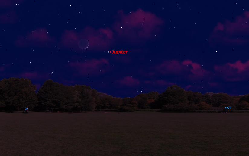 This sky map shows the location of Jupiter and the moon in the northwest evening sky on May 12, 2011, at 9 p.m. local time for observers in mid-northern latitudes.