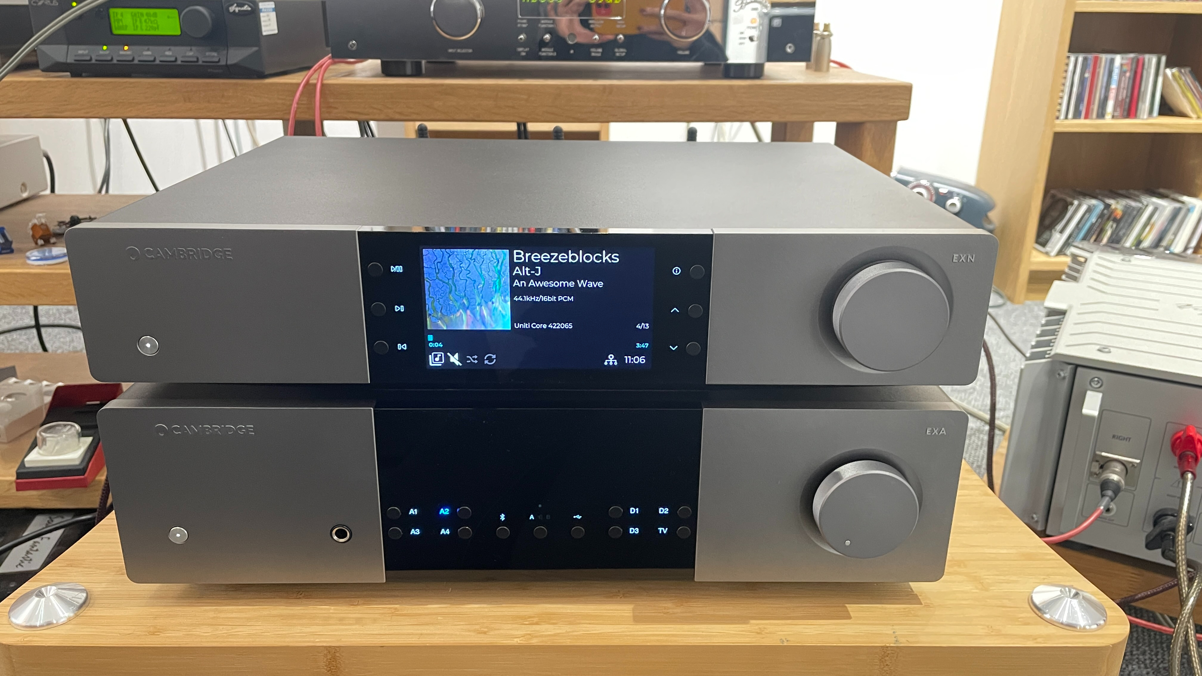 Cambridge Audio EXN100 stacked on top of Cambridge Audio EXA100