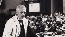 Professor Fleming, Scottish bacteriologist, in his laboratory, 1943. 