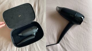 Two adjacent images of the ghd Flight+ Travel Hair Dryer folded in its case (left) and unfolded (right) both against a dusky pink fabric background