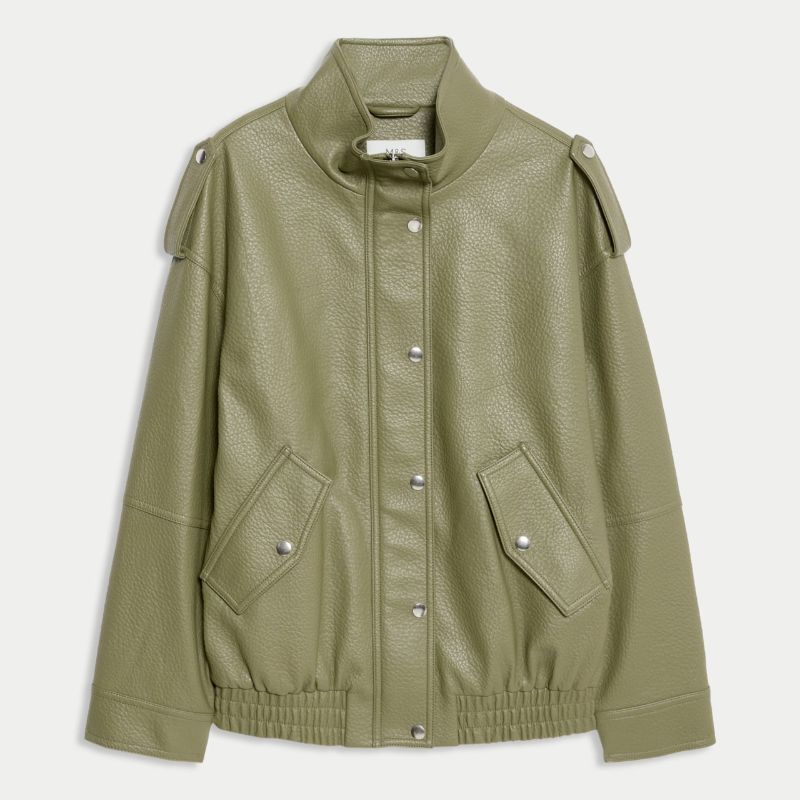 M&amp;amp;S, Faux Leather Textured Longline Bomber Jacket