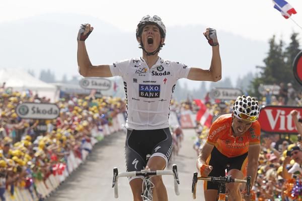 A jubilant Andy Schleck (Team Saxo Bank) after winning the stage