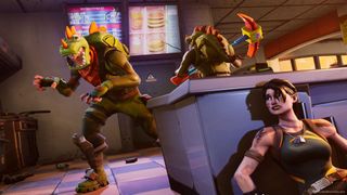 best battle royale games – a female Fortnite character hiding from two characters in dinosaur costumes