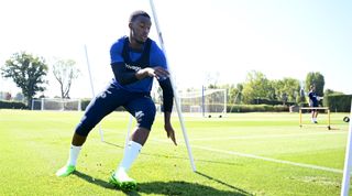 Callum Hudson-Odoi of Chelsea during a training session at Chelsea Training Ground on August 11, 2022 in Cobham, England.