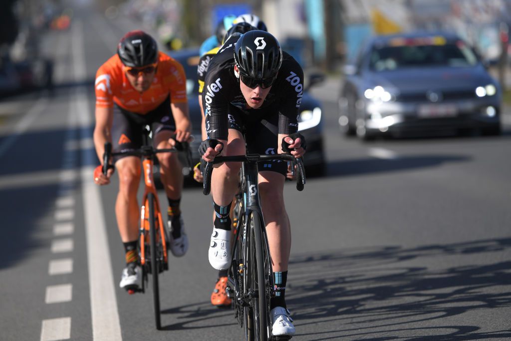 DOUR BELGIUM MARCH 02 Enzo Leijnse of The Netherlands and Development Team DSM during the 53rd Grand Prix Le Samyn 2021 Mens Elite a 2054km race from Quaregnon to Dour Breakaway GPSamyn on March 02 2021 in Dour Belgium Photo by Luc ClaessenGetty Images