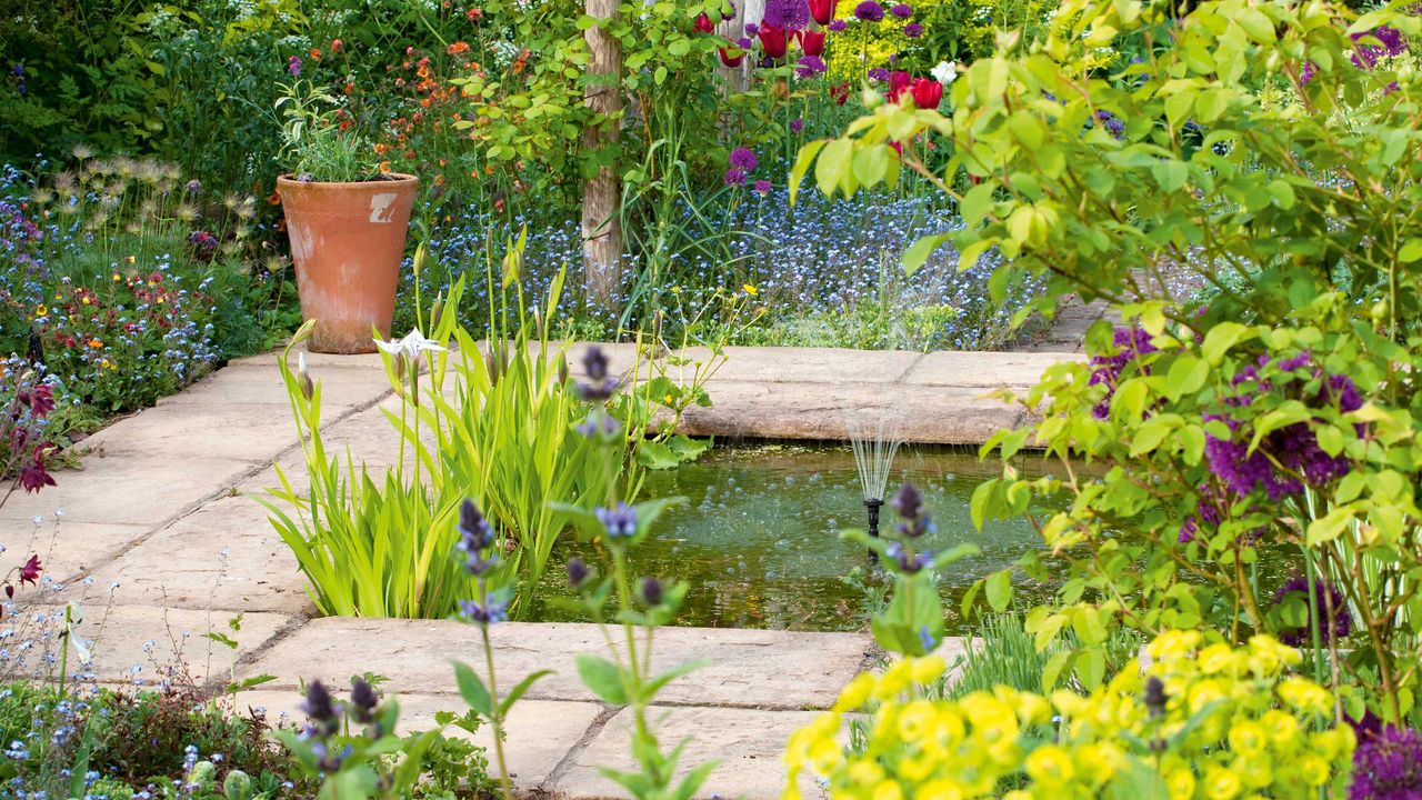 how to clean a pond: pond with plants and fountain