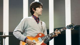 Keith Richards of The Rolling Stones plays a Gibson Les Paul on the set of the pop music television show Thank Your Lucky Stars at Alpha Television Studios in Birmingham, England on 21st March 1965