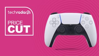 A white DualSense PS5 controller against a pink background. White text on the left reads: 'techradar PRICE CUT'