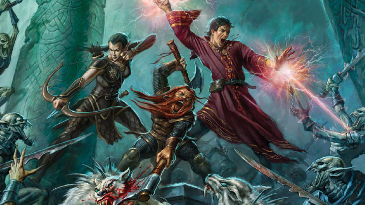 A dwarf warrior, an elven archer, and a human mage battling darkspawn in the Dragon Age tabletop RPG. 