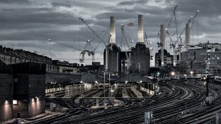 Pink Floyd Animals 2018 remix cover image of Battersea in 2018 with a flying pig