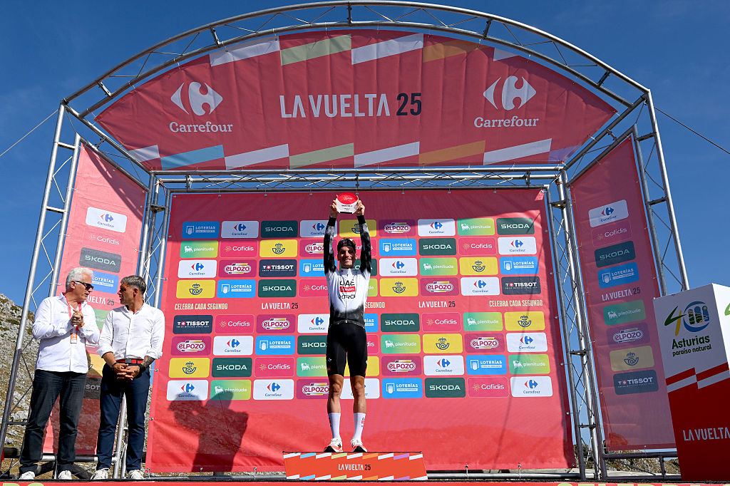 L&#039;ANGLIRU, SPAIN - SEPTEMBER 05: Joao Almeida of Portugal and UAE Team Emirates - XRG celebrates at podium as stage winner during the La Vuelta - 80th Tour of Spain 2025, Stage 13 a 203.7km stage from Cabezon de la Sal to L&#039;Angliru 1556m / #UCIWT / on September 05, 2025 in L&#039;Angliru, Spain. (Photo by Tim de Waele/Getty Images)