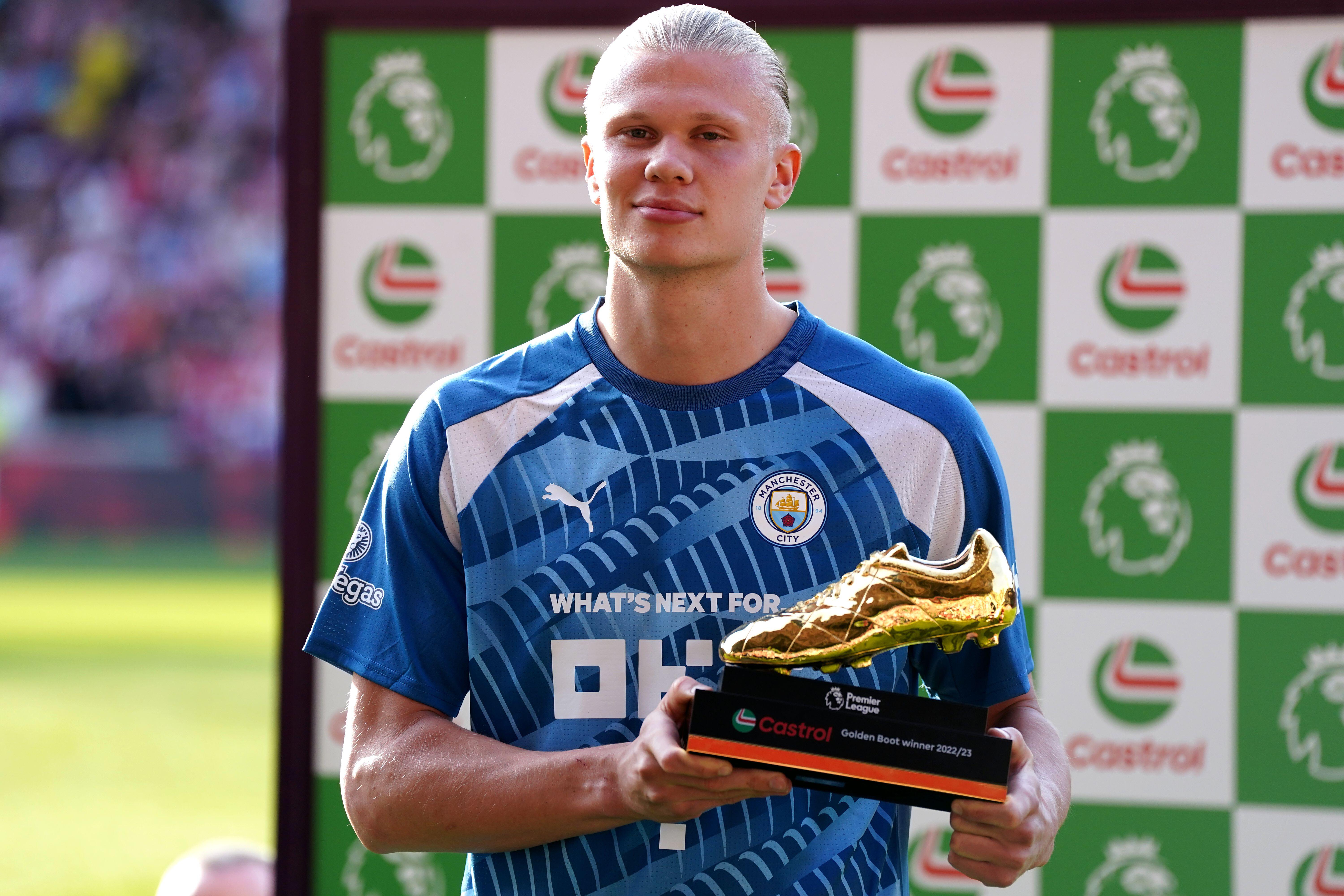 Manchester City's Erling Haaland with the 2022/23 Premier League Golden Boot award