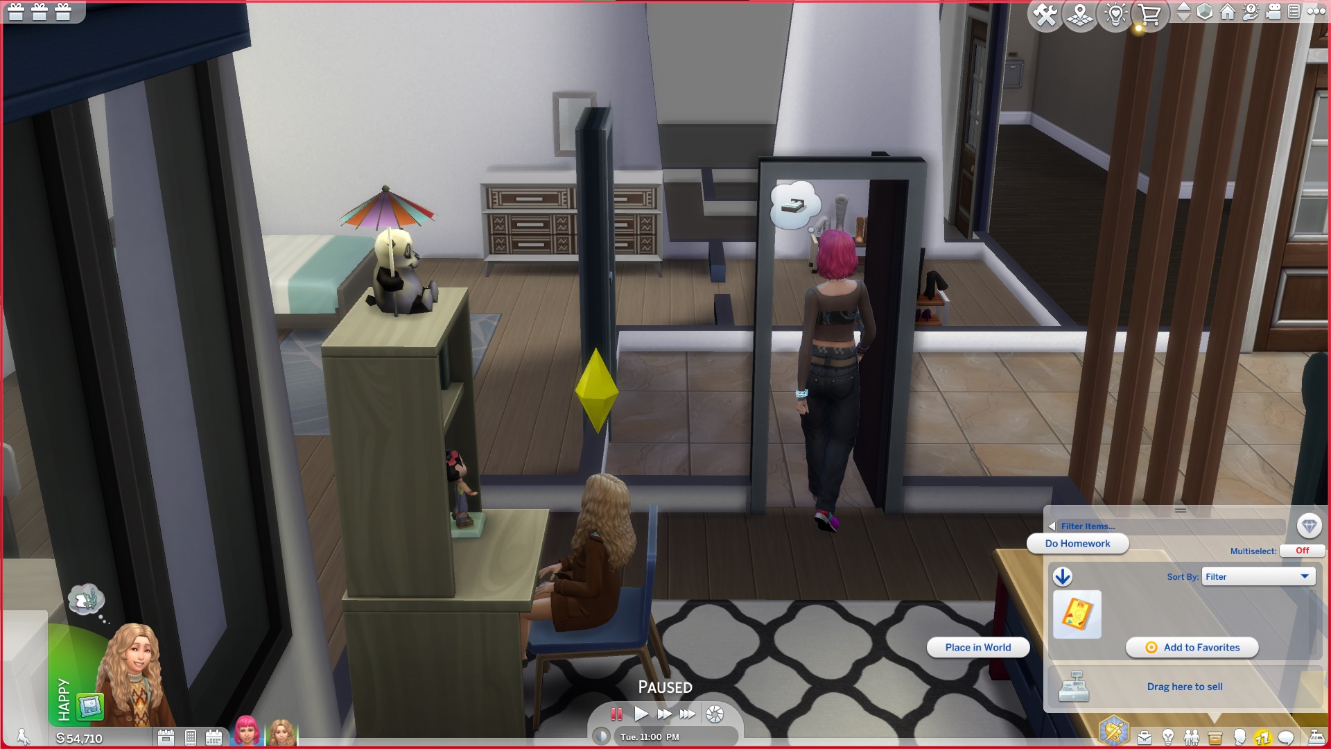 The Sims 4 - A teen Sim's homework in their inventory, interaction menu 