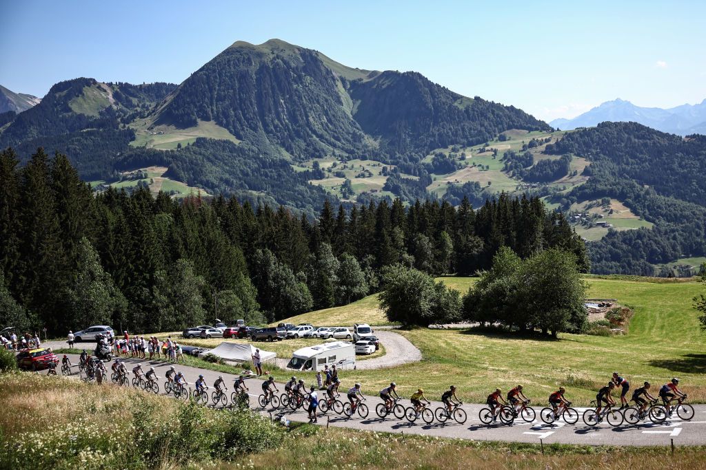 The pack of riders cycles in the ascent of Col de la Croix Fry in the French Alps during the 15th stage of the 110th edition of the Tour de France cycling race, 179 km between Les Gets Les Portes du Soleil and Saint-Gervais Mont-Blanc, in eastern France, on July 16, 2023. (Photo by Anne-Christine POUJOULAT / AFP)