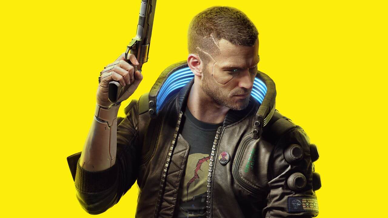 The protagonist from Cyberpunk 2077, V, holding a weapon against a yellow background
