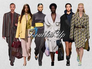 a collage showing the long haul fashion trend double bags is shown on models walking the fall 2024 and spring 2025 runway shows of Tory Burch, Gucci, Fendi, Bottega Veneta, Coach, and Prada