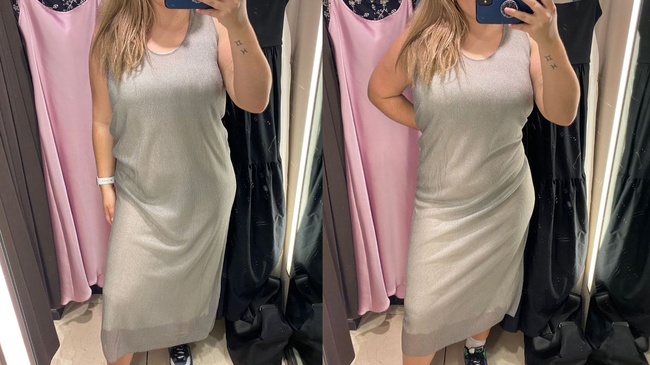 composite of our fashion writer wearing a zara silver tank dress