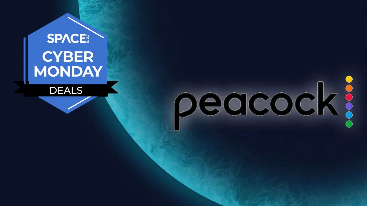 The Peacock logo in black, with a white outer glow on a blue planet background with the Space.com logo in the top left corner.