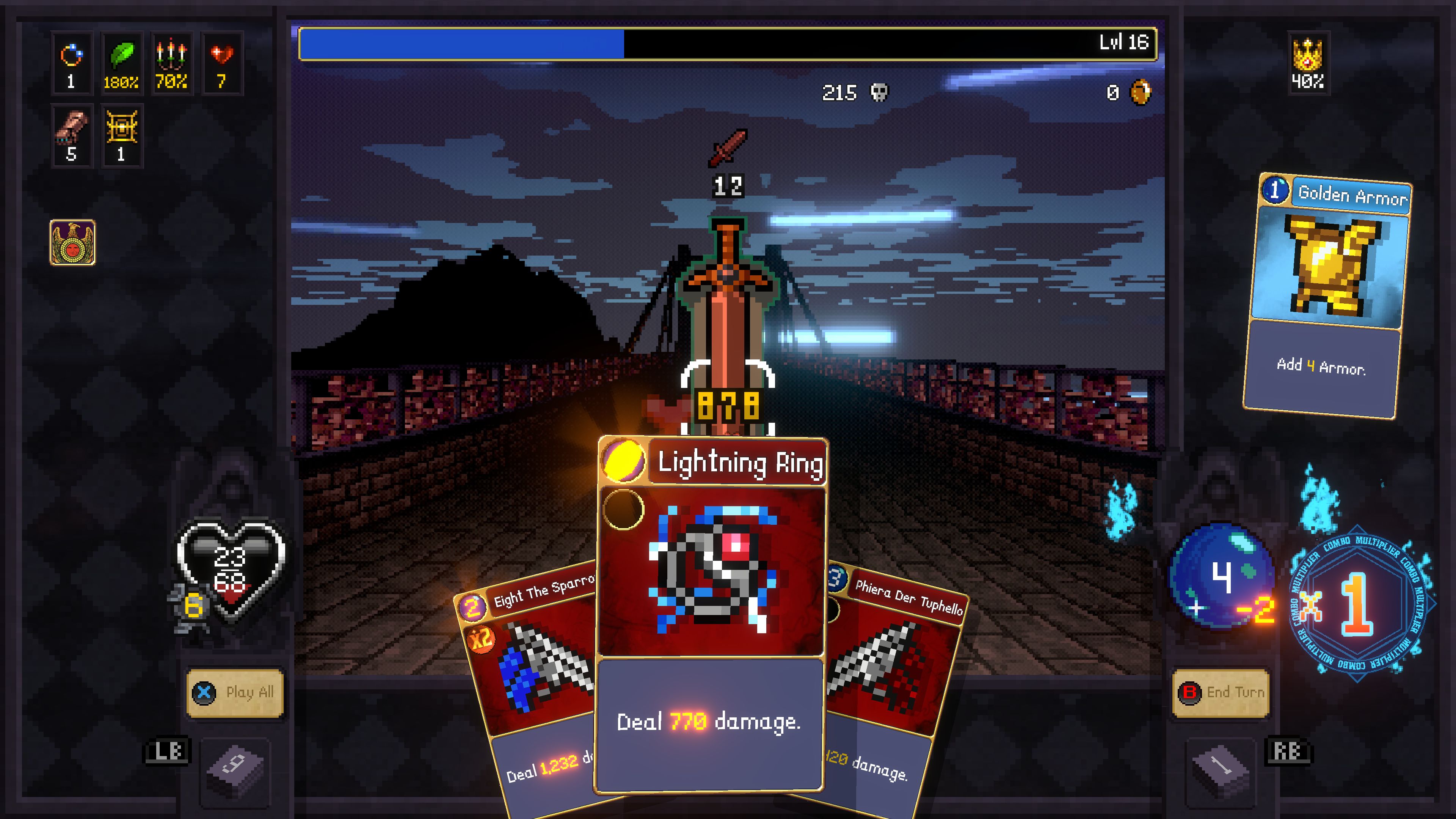 Retro-style RPG game screen with a dramatic night sky. A sword icon is central. Cards like "Lightning Ring" show; game stats and icons border the scene.