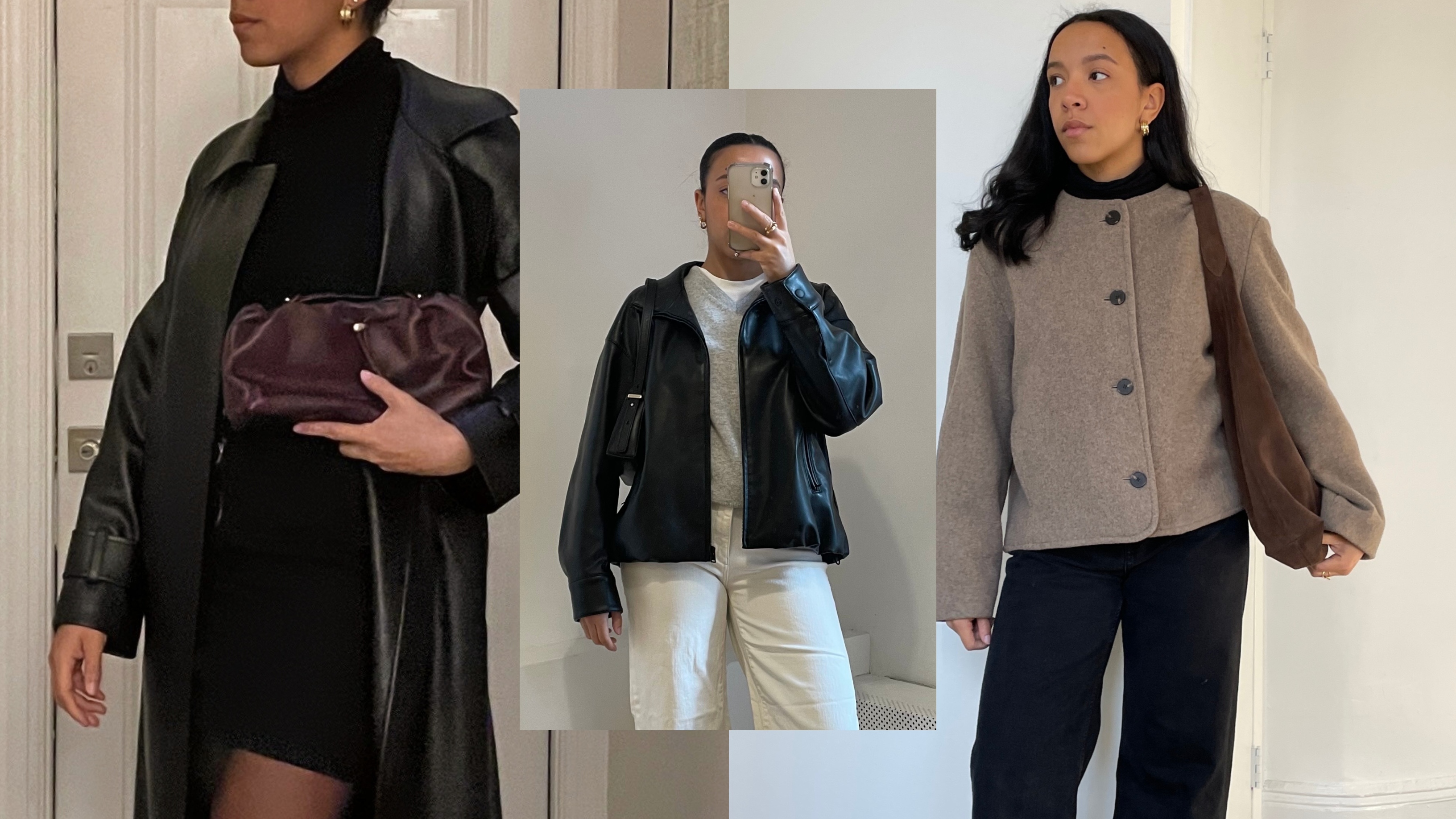 Lauren Tappan wearing a black trench coat, Lauren Tappan wearing a leather jacket and white pants, Lauren Tappan wearing a collarless coat and black pants