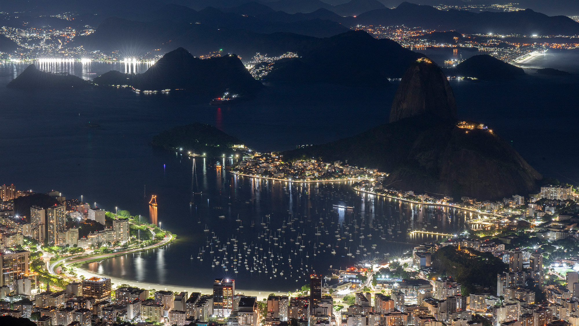 A view of Guanabara Bay is seen at night in Rio de Janeiro, Brazil