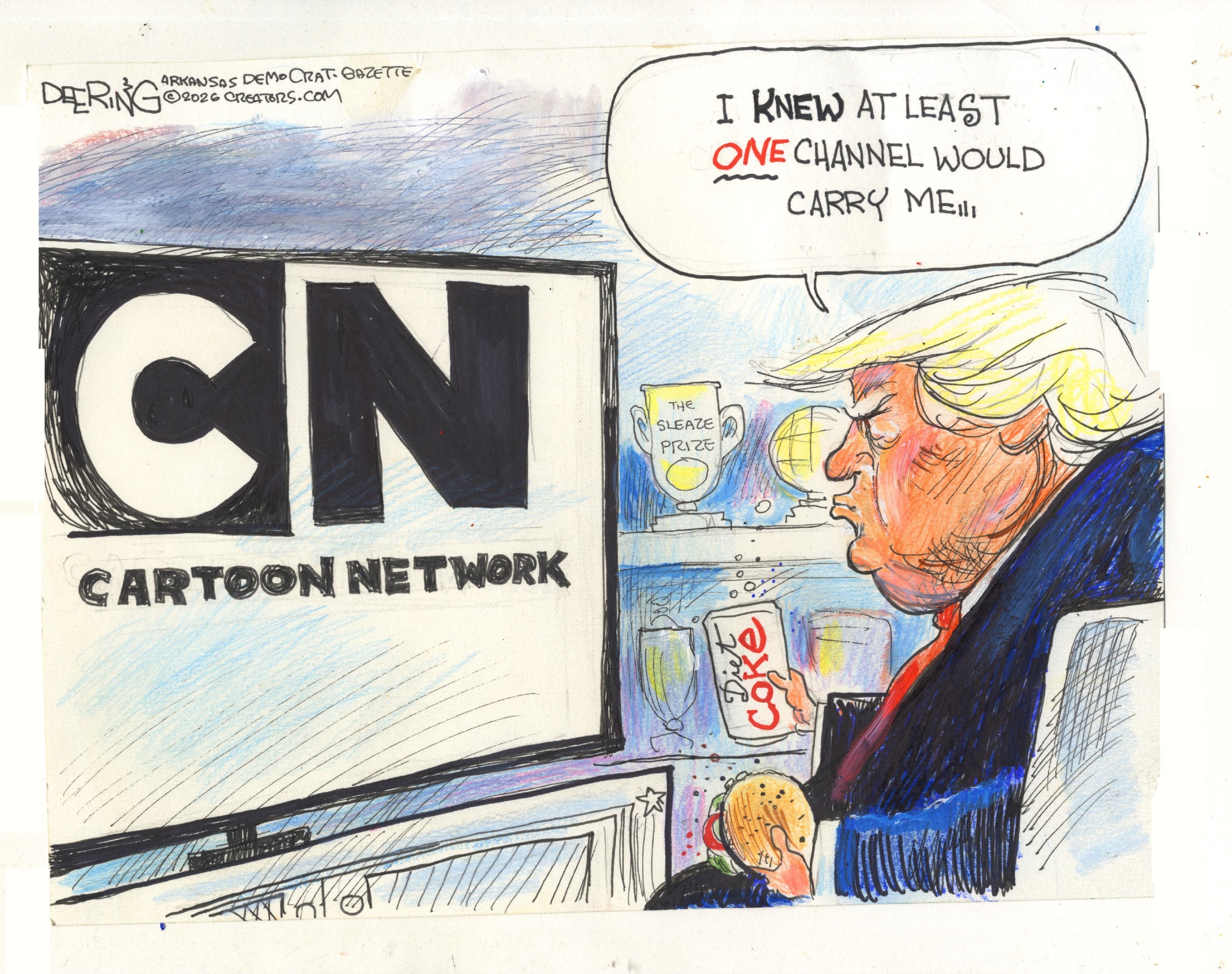 Donald Trump sits in a chair with a Diet Coke and a cheeseburger as he watches the Cartoon Network on TV. He looks angry and says, &amp;ldquo;I knew at least one channel would carry me&amp;hellip;&amp;rdquo;