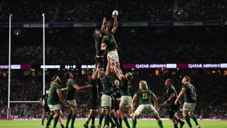 cott Barrett of New Zealand and Eben Etzebeth of South Africa compete for a line-out during the Summer International match between New Zealand All Blacks v South Africa at Twickenham Stadium on August 25, 2023 in London, England. 