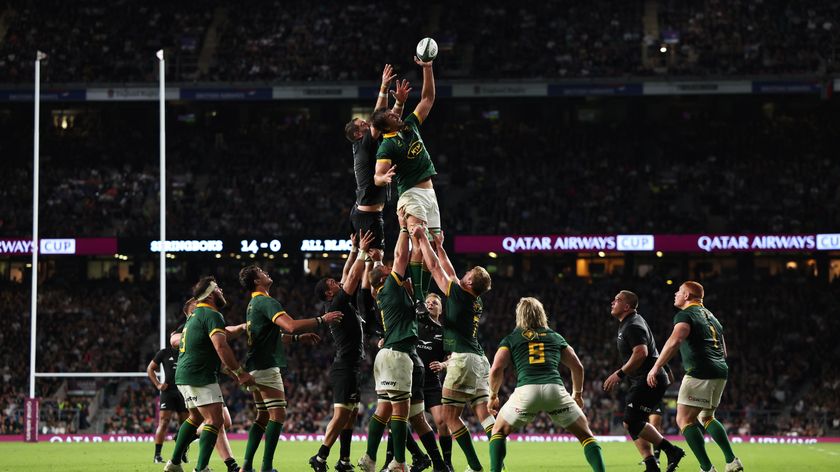 cott Barrett of New Zealand and Eben Etzebeth of South Africa compete for a line-out during the Summer International match between New Zealand All Blacks v South Africa at Twickenham Stadium on August 25, 2023 in London, England. 