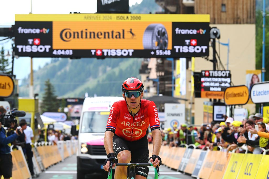 ISOLA 2000 FRANCE JULY 19 Arnaud Demare of France and Team Arkea BB Hotels crosses the finish line during the 111th Tour de France 2024 Stage 19 a 1446km stage from Embrun to Isola 2000 2022m UCIWT on July 19 2024 in Isola 2000 France Photo by Dario BelingheriGetty Images