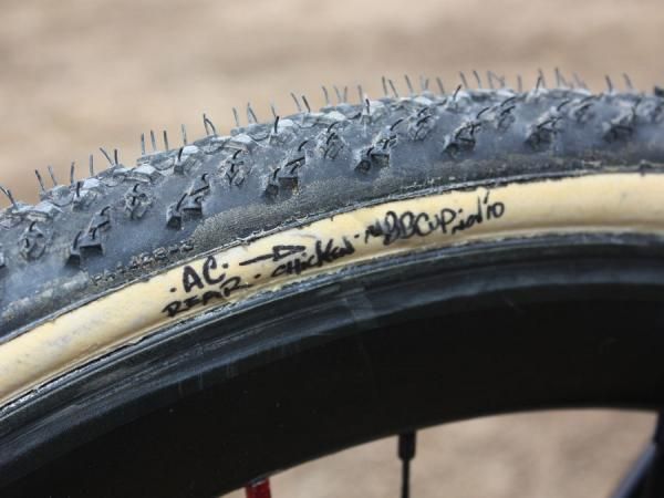 Handwritten notes mark who the tyre was glued for and when. As for 'chicken', your guess is as good as ours.