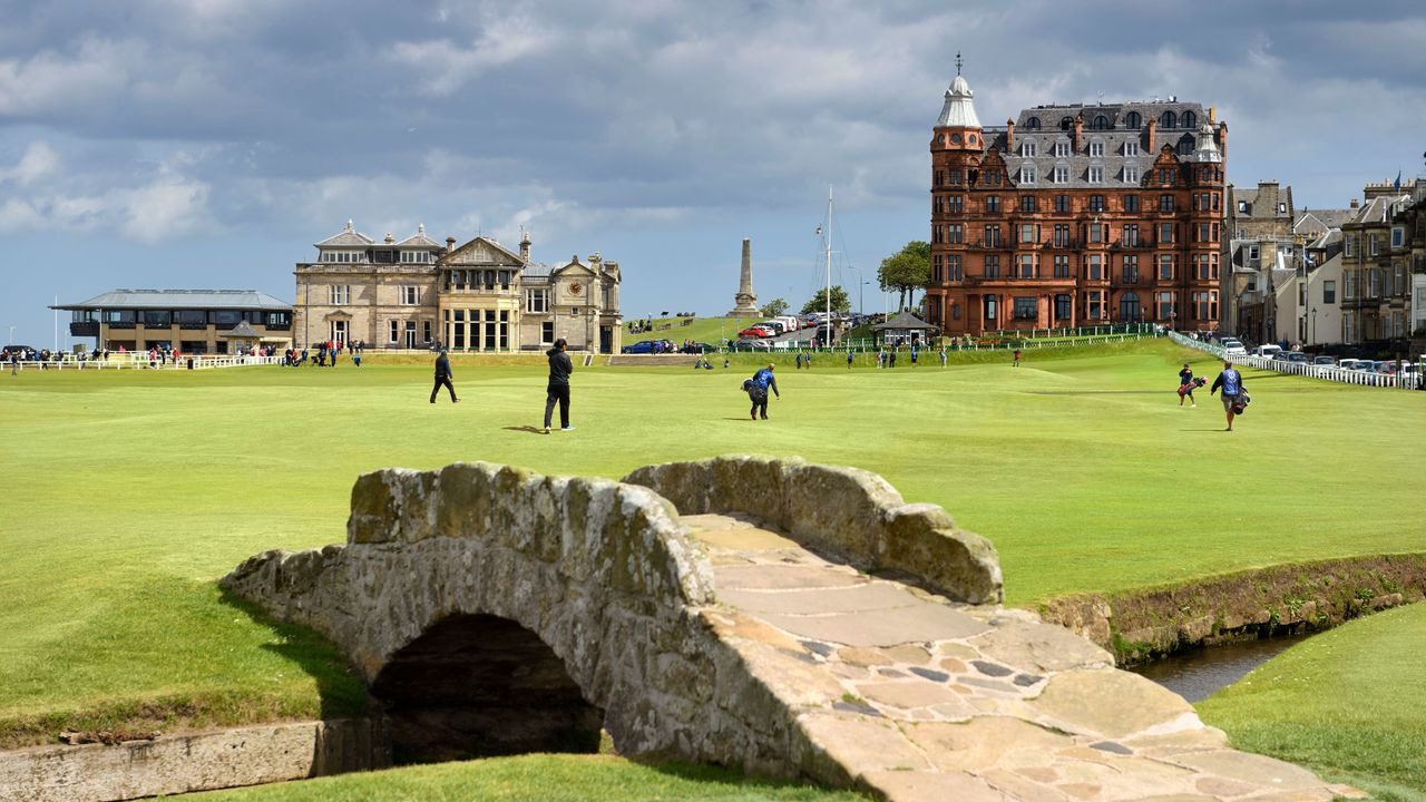 The Swilcan Bridge and the R&amp;A Clubhouse at the Old Course, St Andrews